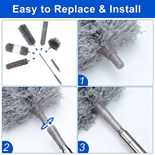 Microfiber Duster Kit (11PCS) - Washable Dusters with Extension Pole (30 to 100 in) for Cleaning Ceilings, Fans, Furniture - 4