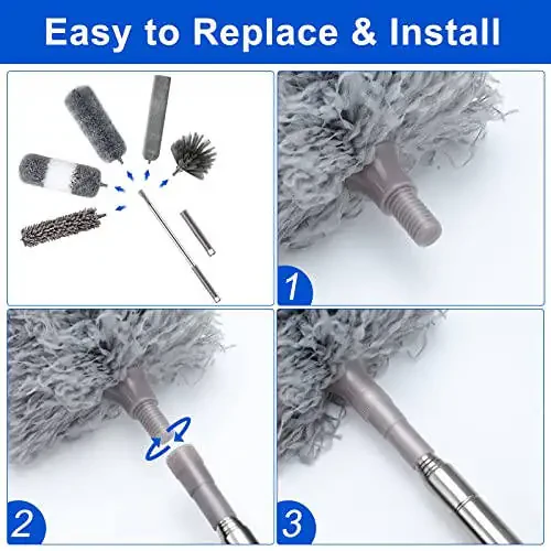Microfiber Duster Kit (11PCS) - Washable Dusters with Extension Pole (30 to 100 in) for Cleaning Ceilings, Fans, Furniture - 4