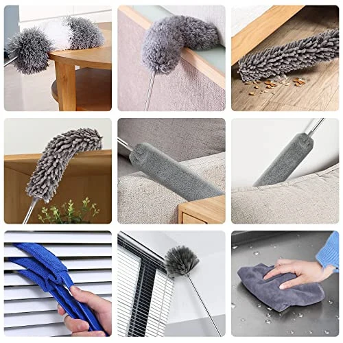 Microfiber Duster Kit (11PCS) - Washable Dusters with Extension Pole (30 to 100 in) for Cleaning Ceilings, Fans, Furniture - 6