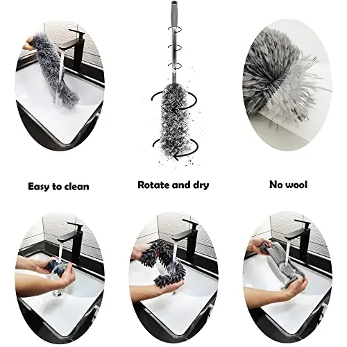 Microfiber Duster with Telescoping Extension Pole(30-100 Inches) Kit, 4 Cleaning Head and 1 Mini-Duster. Reusable, Bendable, Washable Feather Dusters for Cleaning Fans Cobwebs Ceilings Blinds - 2