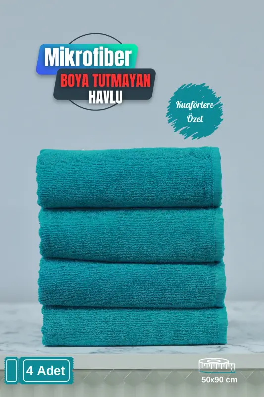 Microfiber Hair Towel 50x90 cm, 4-Piece Set-Green, Non-Dye Absorbent, For Hairdressers - DENIZLICOTTON