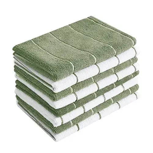 Microfiber Kitchen Towels - Super Absorbent, Soft and Solid Color Dish Towels, 8 Pack (Stripe Designed Dark Green and White Colors), 26 x 18 Inch - HYER KITCHEN