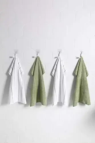 Microfiber Kitchen Towels - Super Absorbent, Soft and Solid Color Dish Towels, 8 Pack (Stripe Designed Dark Green and White Colors), 26 x 18 Inch - 7