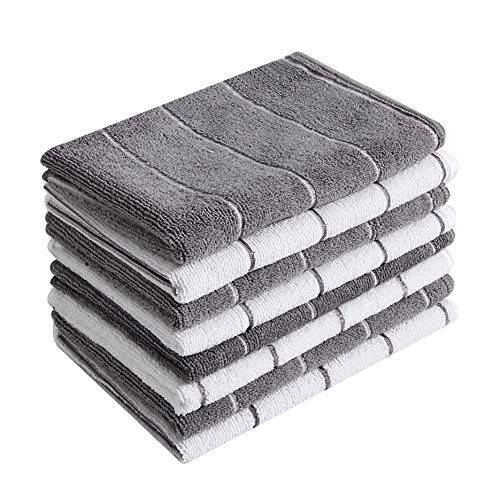 Microfiber Kitchen Towels - Super Absorbent, Soft and Solid Color Dish Towels, 8 Pack (Stripe Designed Grey and White Colors), 26 x 18 Inch - 1