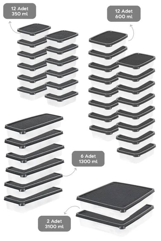 Microwave and Freezer Safe 24 Piece Food Storage Container Set, 2x2400Ml 4x1200Ml 6x1170Ml 12x600Ml, Anthracite - 2