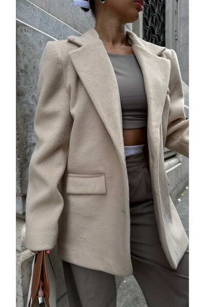 Mid-Length Buttoned Oversized Cut Lined Pinterest Model Cashmere Blazer Jacket Coat - 2