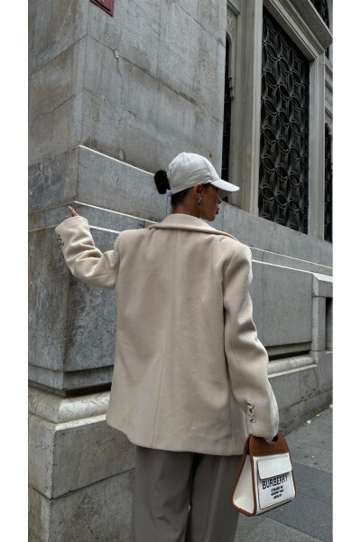 Mid-Length Buttoned Oversized Cut Lined Pinterest Model Cashmere Blazer Jacket Coat - 3