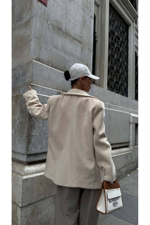 Mid-Length Buttoned Oversized Cut Lined Pinterest Model Cashmere Blazer Jacket Coat - 3