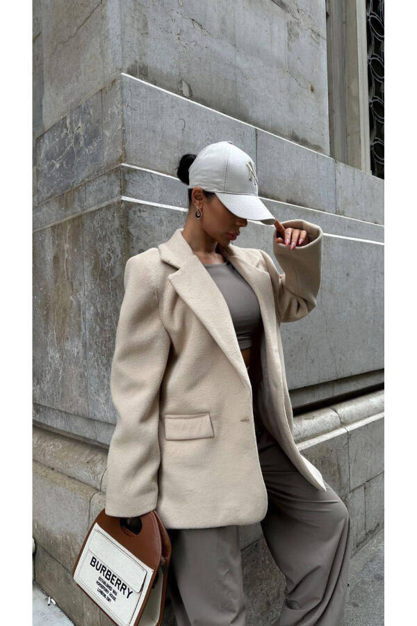 Mid-Length Buttoned Oversized Cut Lined Pinterest Model Cashmere Blazer Jacket Coat - 5