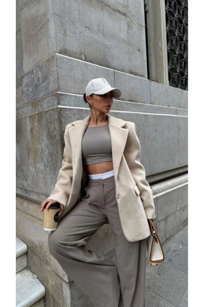 Mid-Length Buttoned Oversized Cut Lined Pinterest Model Cashmere Blazer Jacket Coat - Modazone