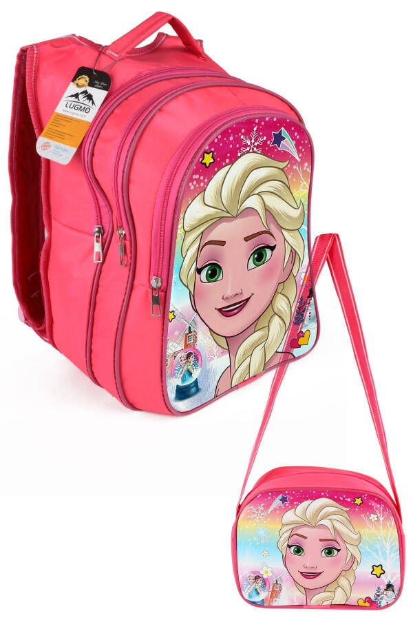 Middle School Elementary School Bag And Lunch Bag 3 Pocket Padded Elsa Head Pink - 22