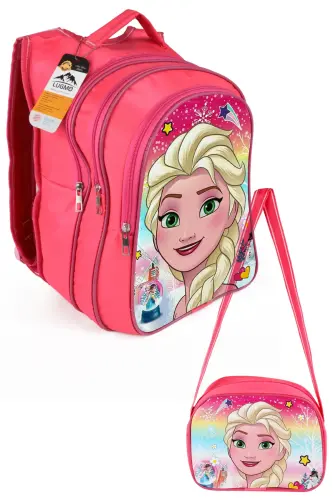 Middle School Elementary School Bag And Lunch Bag 3 Pocket Padded Elsa Head Pink 