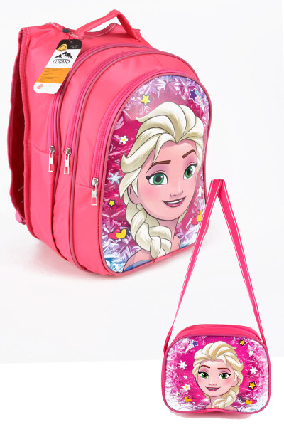 Middle School Elementary School Bag And Lunch Bag 3 Pocket Padded Elsa Head Pink - 29