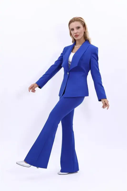 Midi Blazer & Wide Leg Pants Set - Teal - 1