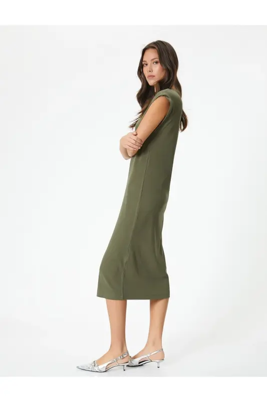 Midi Bodycon Dress Short Sleeve Crew Neck Ribbed-Khaki - 2