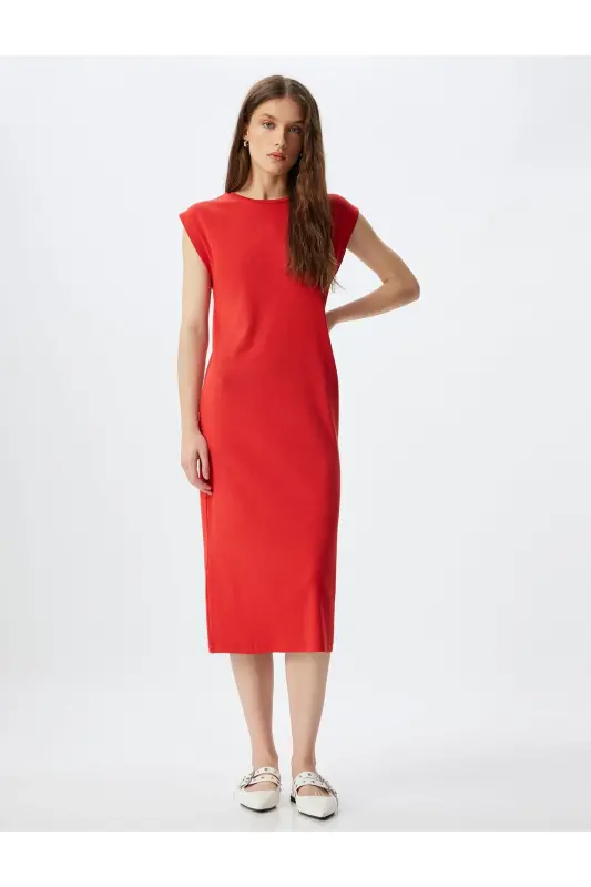 Midi Bodycon Dress Short Sleeve Crew Neck Ribbed-Red - 1