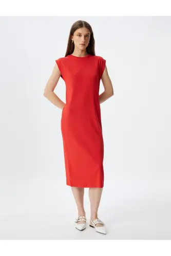 Midi Bodycon Dress Short Sleeve Crew Neck Ribbed-Red - 3