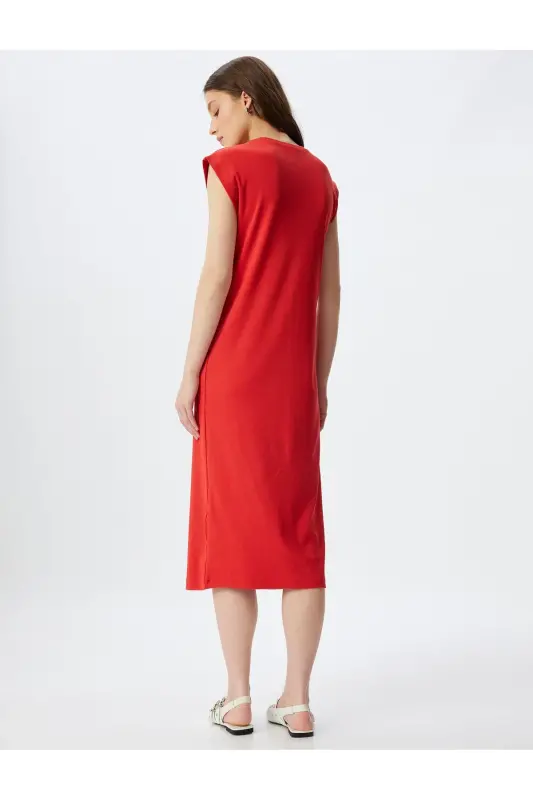 Midi Bodycon Dress Short Sleeve Crew Neck Ribbed-Red - 4