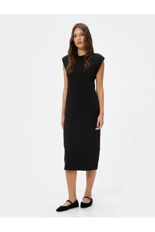 Midi Bodycon Elbise Kısa Kollu Bisiklet Yaka Fitilli - Siyah - 1