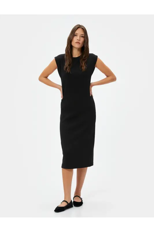 Midi Bodycon Elbise Kısa Kollu Bisiklet Yaka Fitilli - Siyah - 2