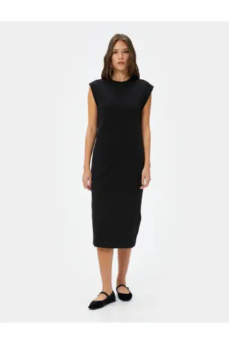 Midi Bodycon Elbise Kısa Kollu Bisiklet Yaka Fitilli - Siyah - 3