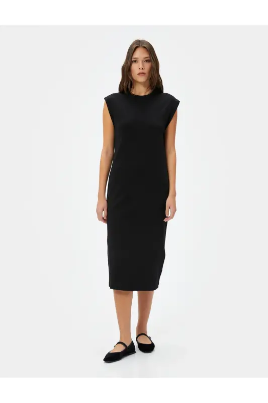 Midi Bodycon Elbise Kısa Kollu Bisiklet Yaka Fitilli - Siyah - 3
