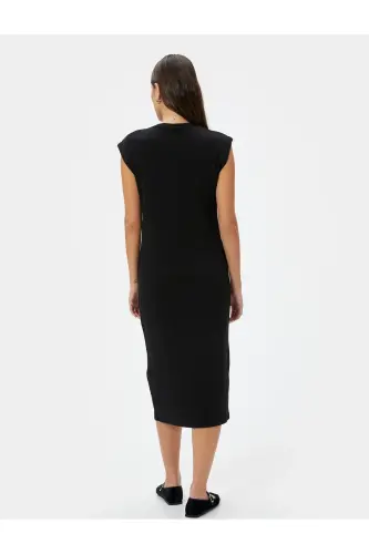 Midi Bodycon Elbise Kısa Kollu Bisiklet Yaka Fitilli - Siyah - 4