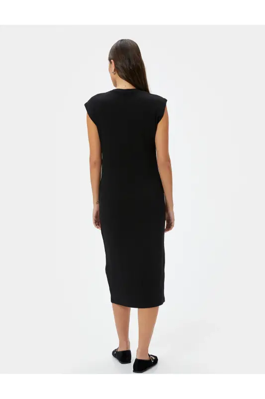 Midi Bodycon Elbise Kısa Kollu Bisiklet Yaka Fitilli - Siyah - 4