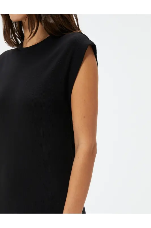 Midi Bodycon Elbise Kısa Kollu Bisiklet Yaka Fitilli - Siyah - 5