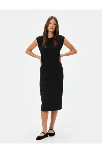 Midi Bodycon Elbise Kısa Kollu Bisiklet Yaka Fitilli - Siyah - Koton (1)