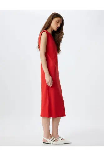 Midi Bodycon Ko'ylak Qisqa Yengli Velosiped Yoqali Fitilli-Qizil - KOTON (1)