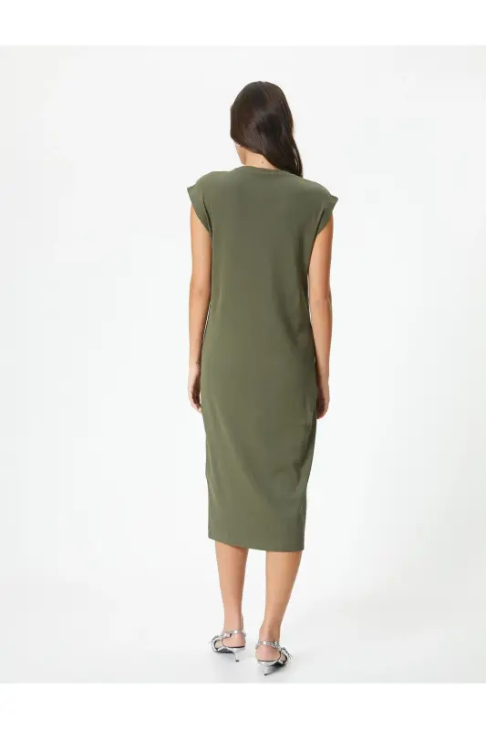 Midi Bodycon Koʻylak Qisqa Yengli Velosiped Yoqali Fitilli-Xaki - 4