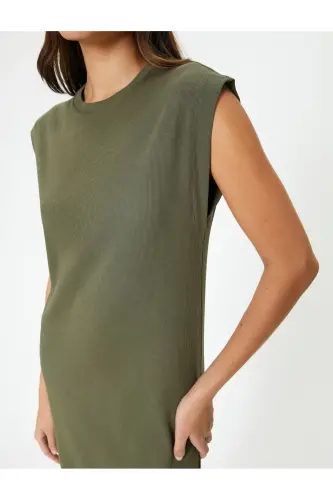 Midi Bodycon Koʻylak Qisqa Yengli Velosiped Yoqali Fitilli-Xaki - 5