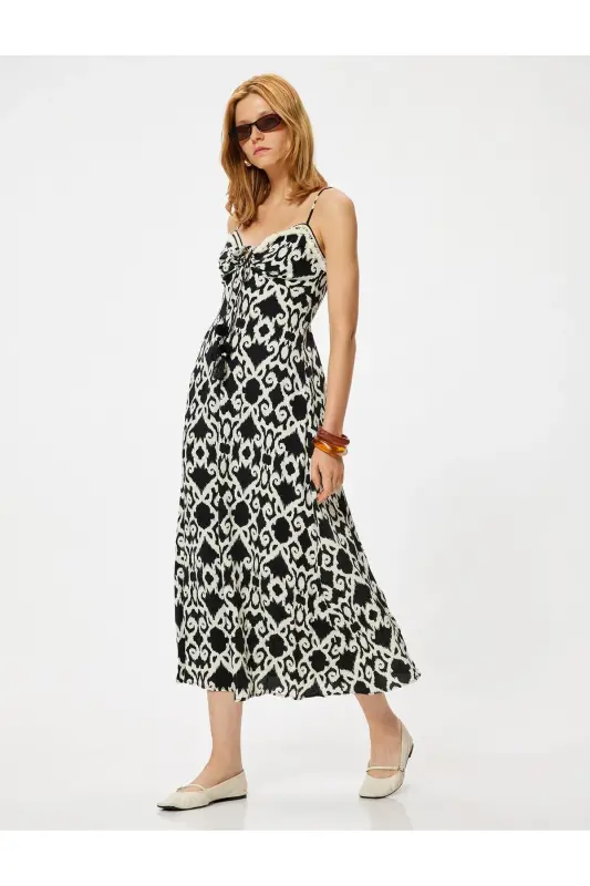 Midi-Länge Träger Viskose Kleid Ethnisch gemustert Front Krawatte Detail - Schwarz gemustert - 7