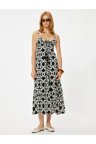 Midi-Länge Träger Viskose Kleid Ethnisch gemustert Front Krawatte Detail - Schwarz gemustert - 1