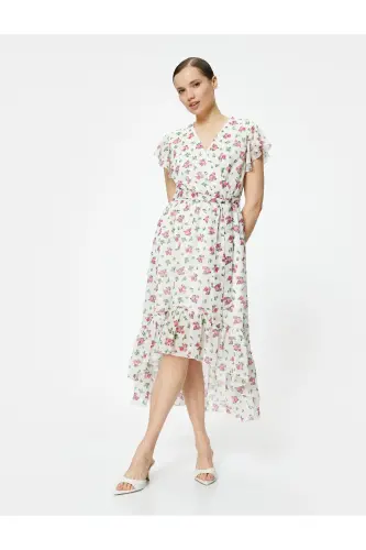 Midi-Blumenkleid aus Chiffon mit Rüschen, Taillengürtel, asymmetrischem Schnitt und V-Ausschnitt - Rosa gemustert - 1