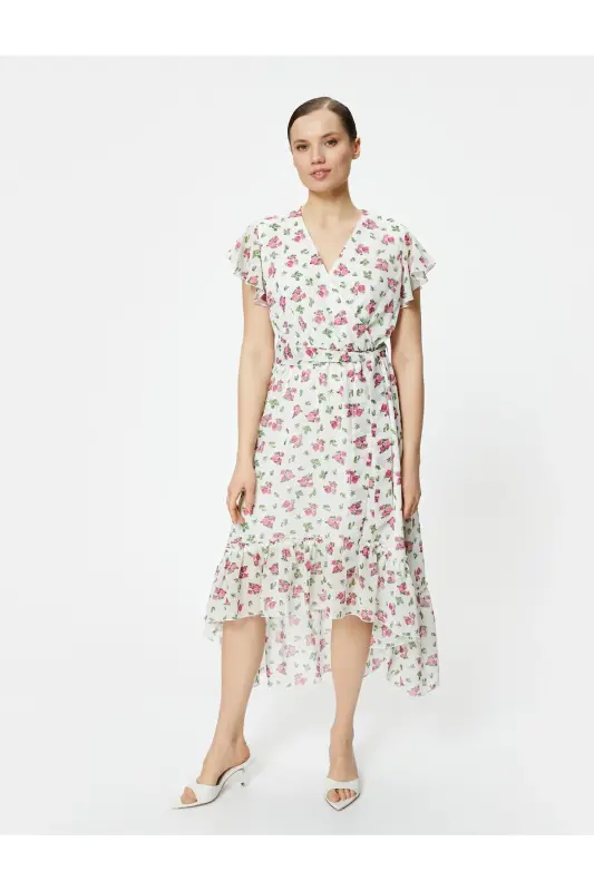 Midi-Blumenkleid aus Chiffon mit Rüschen, Taillengürtel, asymmetrischem Schnitt und V-Ausschnitt - Rosa gemustert - 3