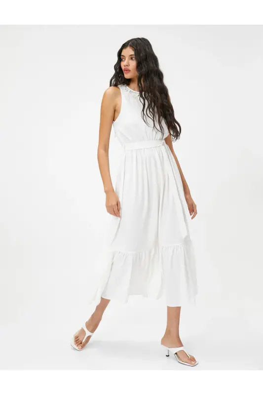 Midi-Kleid mit Kragen, detailliert, ärmellos - Weiß - KOTON
