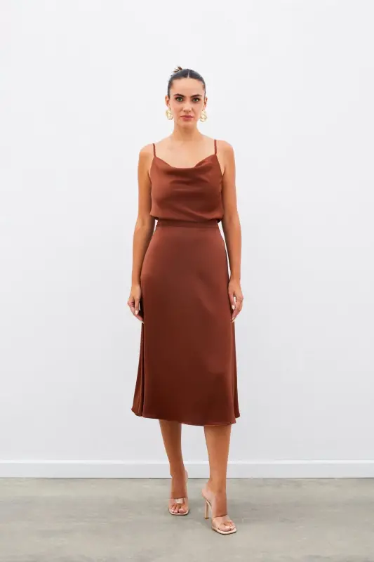 Midi Boy Saten Etek - Kahve-KAHVE - 3