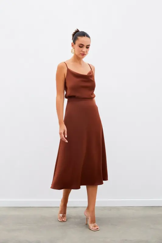 Midi Boy Saten Etek - Kahve-KAHVE - SATEEN