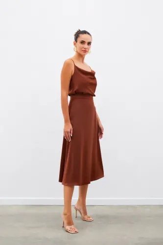 Midi Boy Saten Etek - Kahve-KAHVE - 5