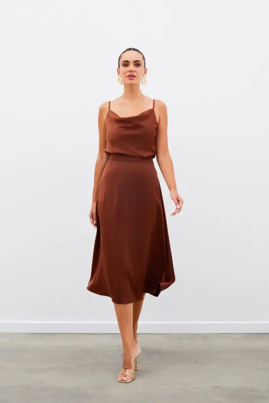 Midi Boy Saten Etek - Kahve-KAHVE - 2