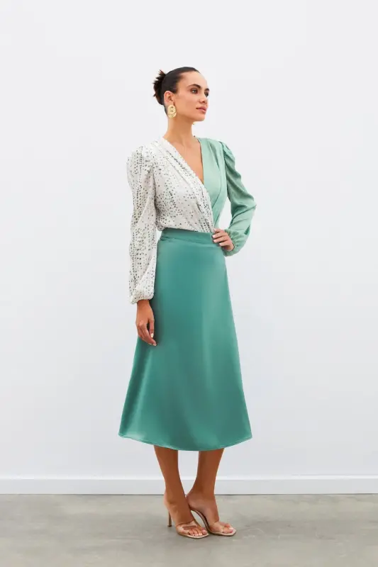 Midi Bo'yli Saten Yubka - HAKİ-HAKİ - SATEEN