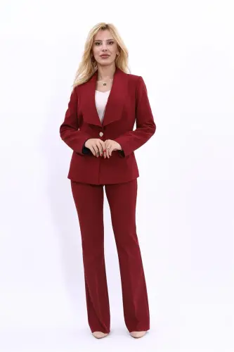 Amerikan Yaka Klasik Ceket & İspanyol Paça Pantolon-Bordo-Bordo - 4