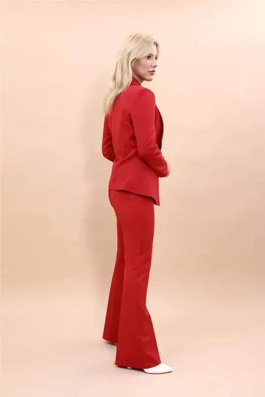Amerikan Yaka Klasik Ceket & İspanyol Paça Pantolon-Kırmızı-Kırmızı - 3