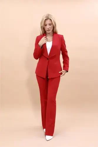 Amerikan Yaka Klasik Ceket & İspanyol Paça Pantolon-Kırmızı-Kırmızı - 5