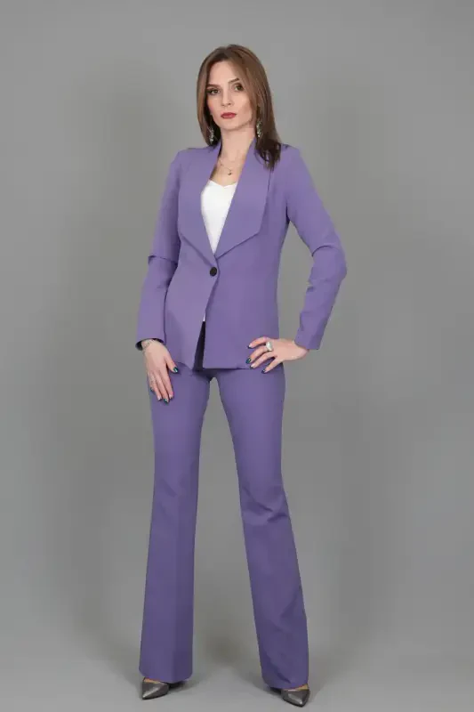 Amerikan Yaka Klasik Ceket & İspanyol Paça Pantolon-Lila-Lila - 5