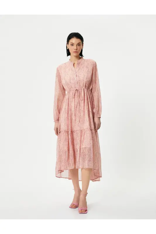 Midi Chiffon Dress Asymmetrical Cut Self-Tie Belt Buttoned - 2