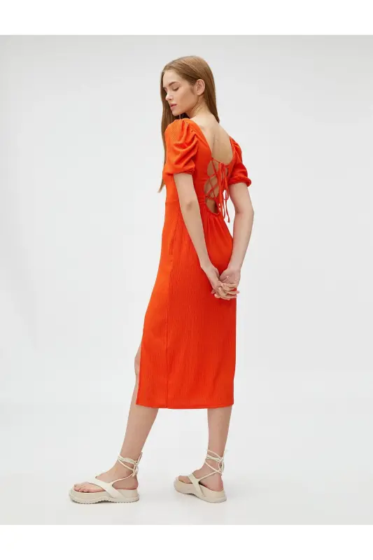 Midi Dress Balloon Sleeve Slit Square Neck Crinkle-Orange - 1