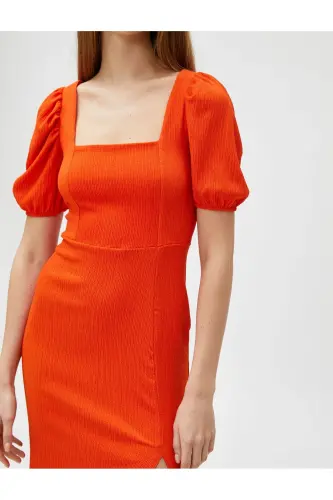 Midi Dress Balloon Sleeve Slit Square Neck Crinkle-Orange - 5